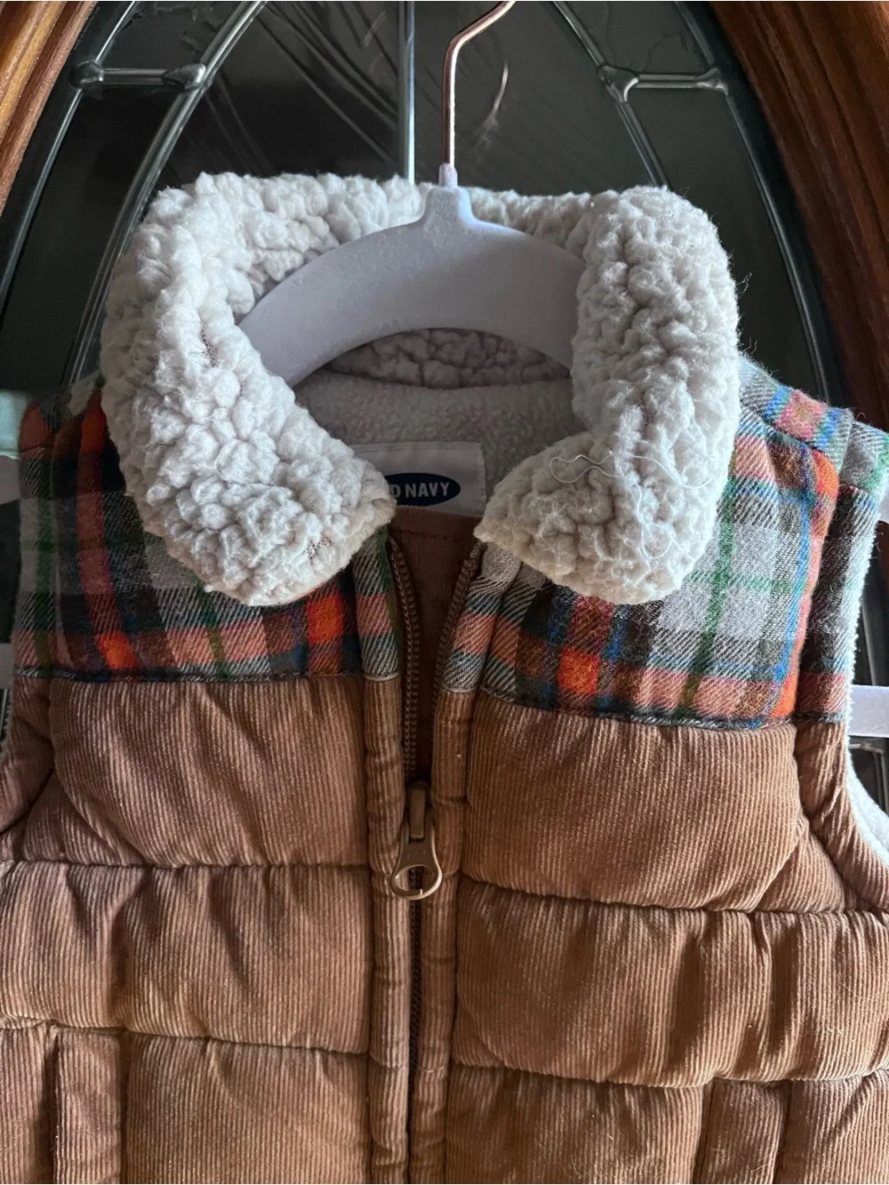 Old Navy Baby Brown Corduroy Vest with Sherpa Collar and Plaid Design NWOT